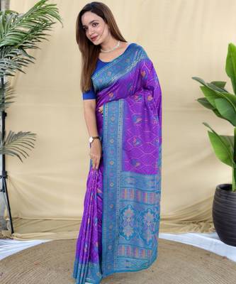 purple pure zari weaving silk blend saree with imaginative blouse piece 2