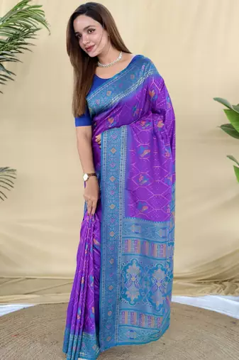 purple pure zari weaving silk blend saree with imaginative blouse piece