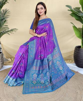 purple pure zari weaving silk blend saree with imaginative blouse piece 3