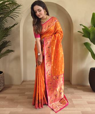 Orange color silk blend saree 2