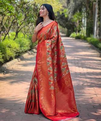 Elegant orange silk blend saree with contrast weaving border 2