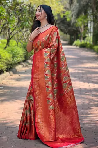 Elegant orange silk blend saree with contrast weaving border