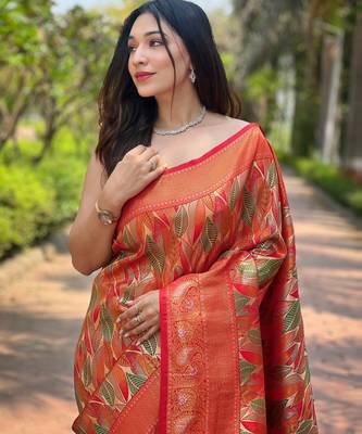 Elegant orange silk blend saree with contrast weaving border 3