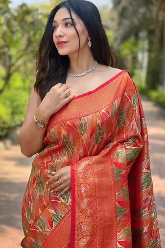 Elegant orange silk blend saree with contrast weaving border