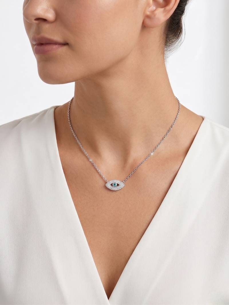 925 Sterling Silver Evil Eye Pendant  Necklace Set ,CZ Protection Pendant Set 