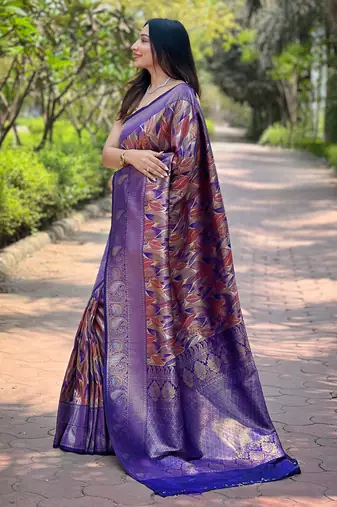 Elegant violet silk saree with contrast weaving border
