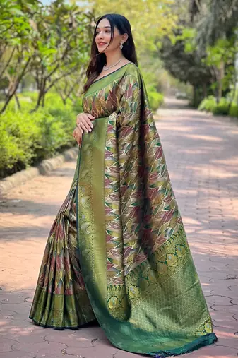 elegant dark green silk blend saree with contrast weaving border