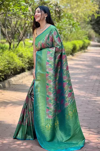 elegant green silk blend saree with contrast weaving border