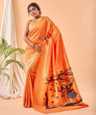orange  weaving saree with heavy pallu 2