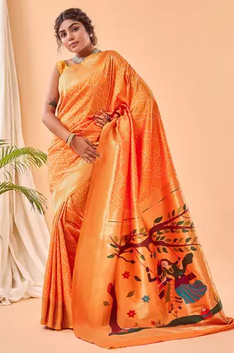 orange  weaving saree with heavy pallu