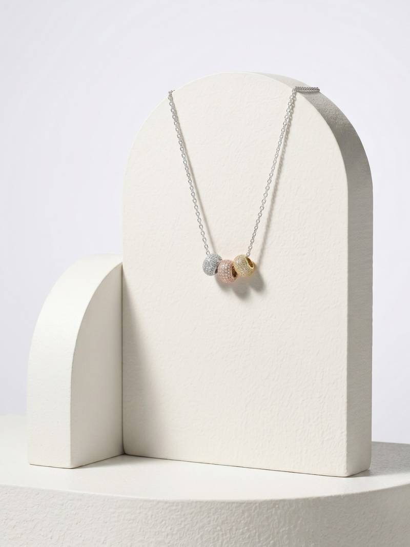 925 Sterling Silver Triple Bead Necklace Pendant Set , Minimalist Jewelry for Women