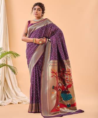 Purple bandhani weaving saree with heavy pallu 2