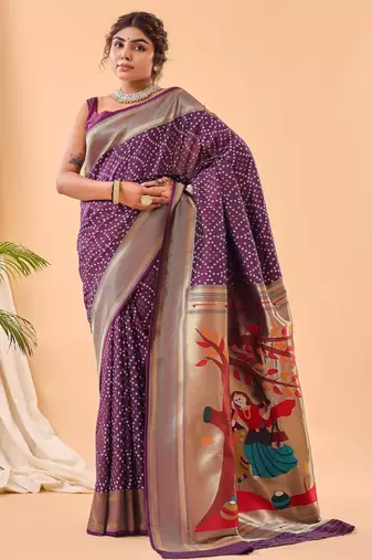 Purple bandhani weaving saree with heavy pallu
