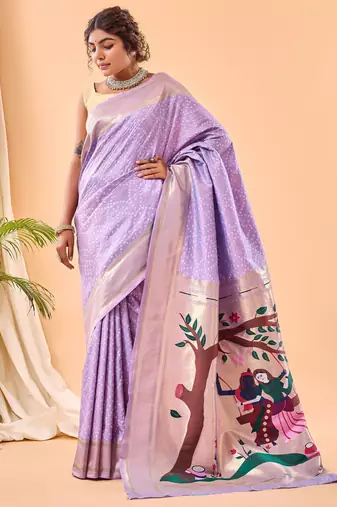 Lavender bandhani weaving saree with heavy pallu