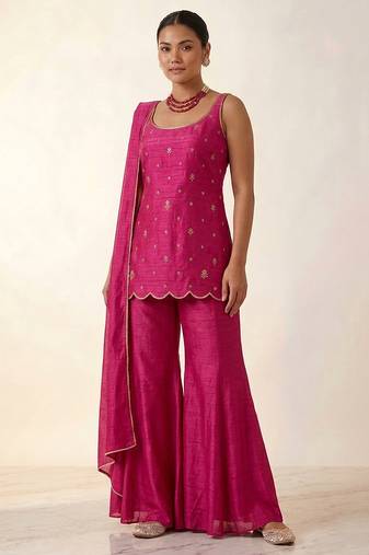 Hot pink embroidered raw silk sharara set