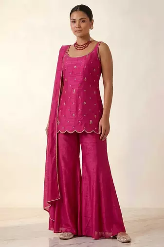 Hot pink embroidered raw silk sharara set