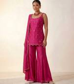 Hot pink embroidered raw silk sharara set