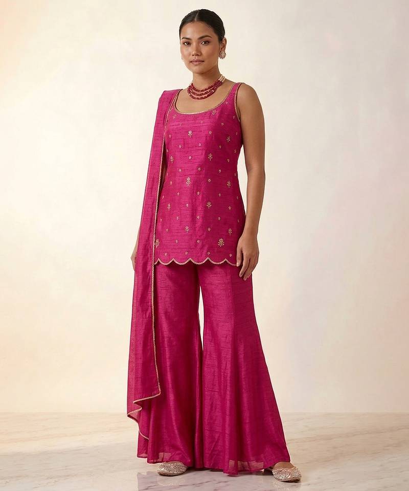 Hot pink embroidered raw silk sharara set