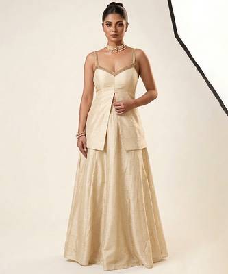 Beige lace embroidered dupion silk co ord set 1