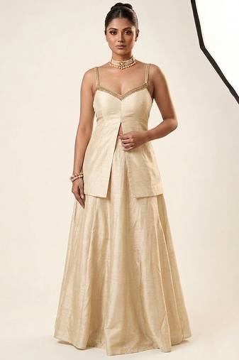 Beige lace embroidered dupion silk co ord set
