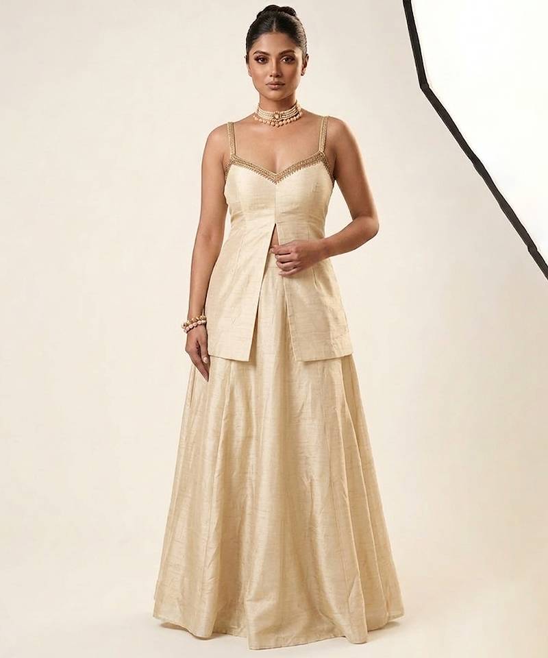 Beige lace embroidered dupion silk co ord set