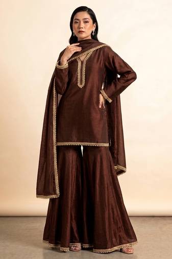 Chocolate brown embroidered nysha silk sharara set