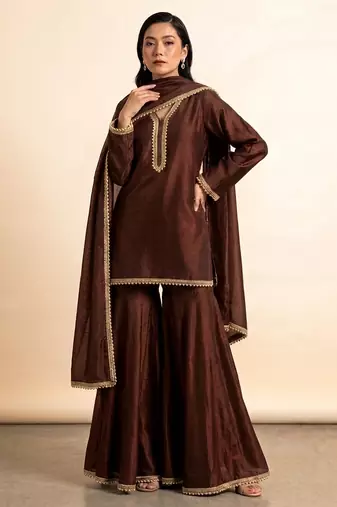 Chocolate brown embroidered nysha silk sharara set