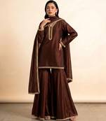 Chocolate brown embroidered nysha silk sharara set