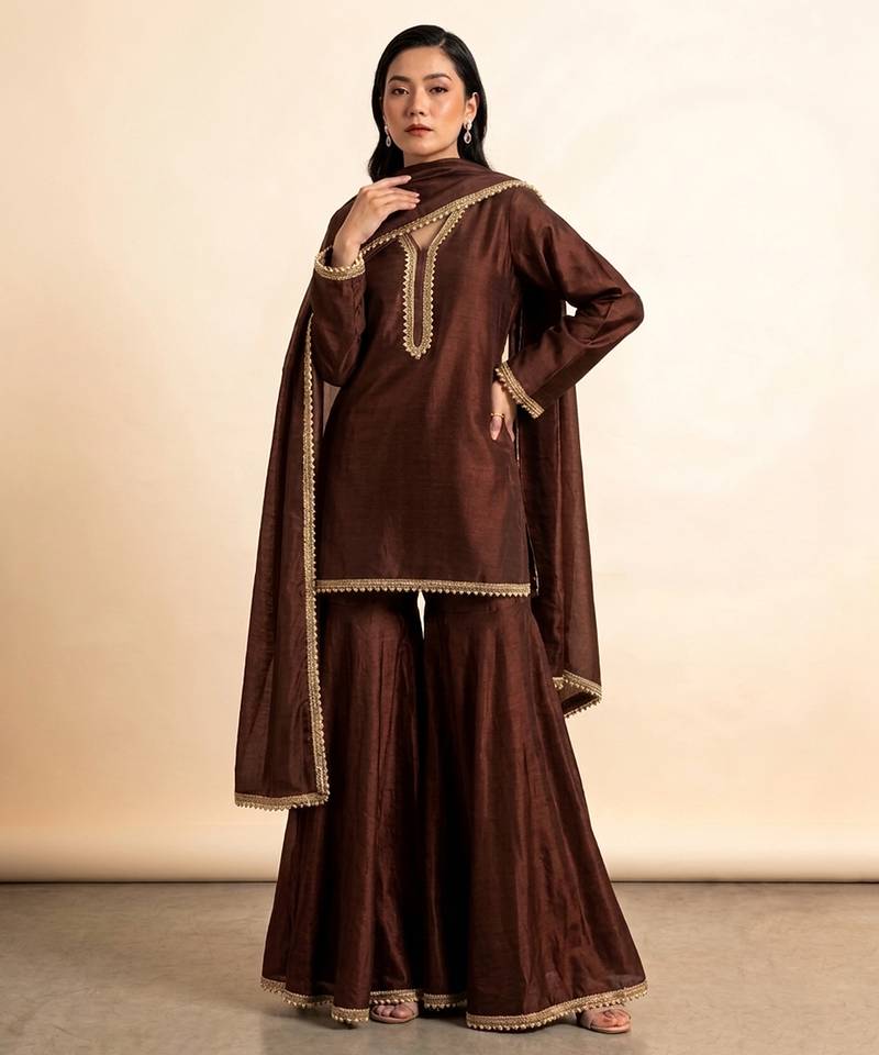 Chocolate brown embroidered nysha silk sharara set