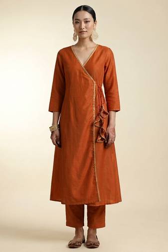 Rust orange dori embroidered dupion silk angrakha kurta set