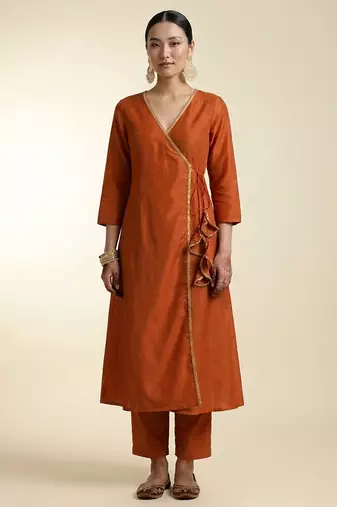 Rust orange dori embroidered dupion silk angrakha kurta set