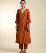 Rust orange dori embroidered dupion silk angrakha kurta set