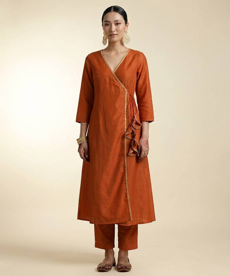 Rust orange dori embroidered dupion silk angrakha kurta set