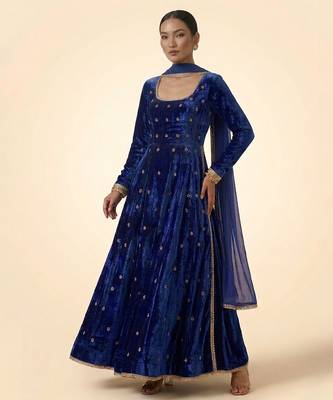 Cobalt blue embroidered velvet anarkali set 1