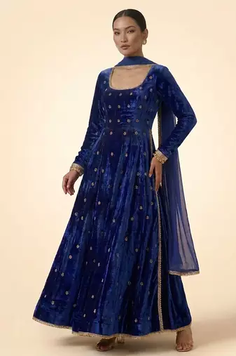 Cobalt blue embroidered velvet anarkali set