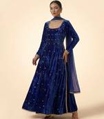 Cobalt blue embroidered velvet anarkali set