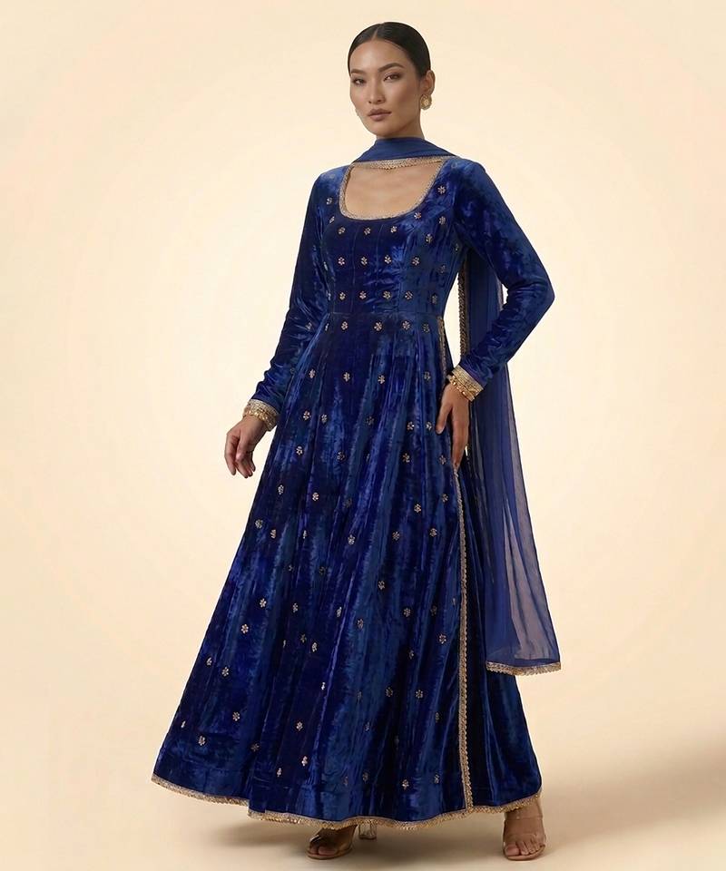 Cobalt blue embroidered velvet anarkali set