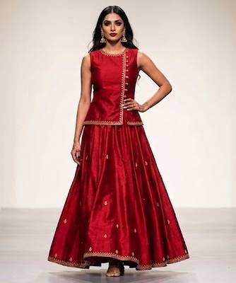 Crimson red embroidered dupion silk ghagra set 1