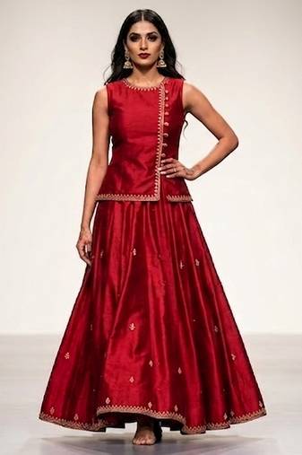 Crimson red embroidered dupion silk ghagra set