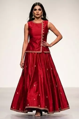 Crimson red embroidered dupion silk ghagra set