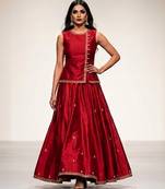 Crimson red embroidered dupion silk ghagra set