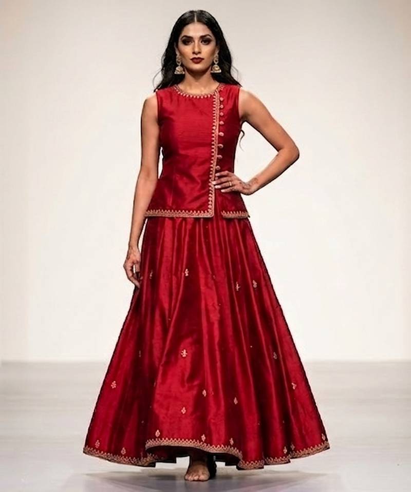 Crimson red embroidered dupion silk ghagra set