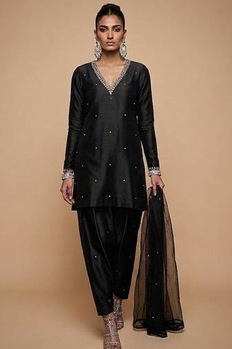 Black embroidered dupion silk kurta set