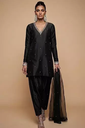 Black embroidered dupion silk kurta set