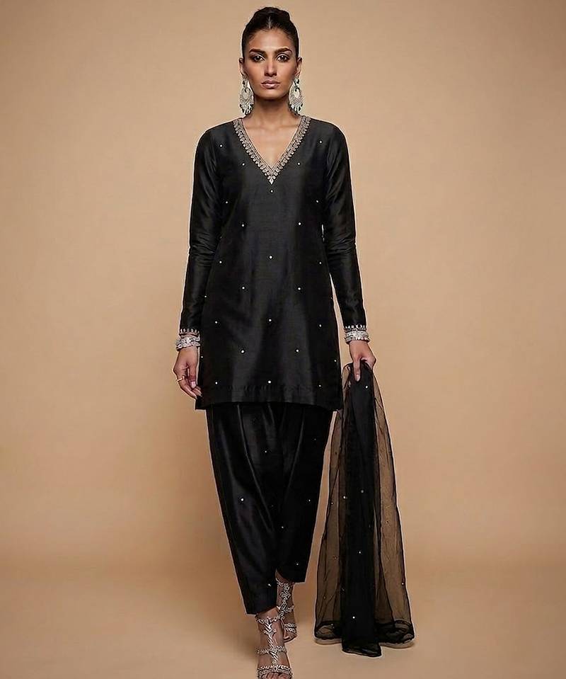 Black embroidered dupion silk kurta set