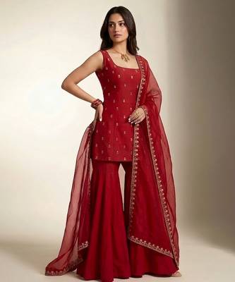Red embroidered dupion silk sharara set 1