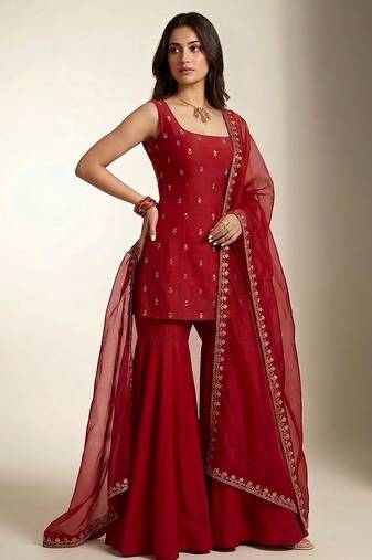 Red embroidered dupion silk sharara set