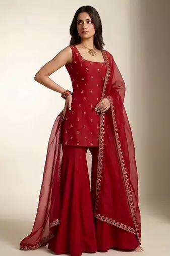 Red embroidered dupion silk sharara set