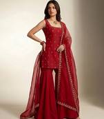 Red embroidered dupion silk sharara set