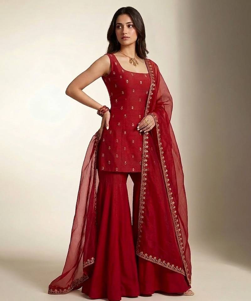 Red embroidered dupion silk sharara set